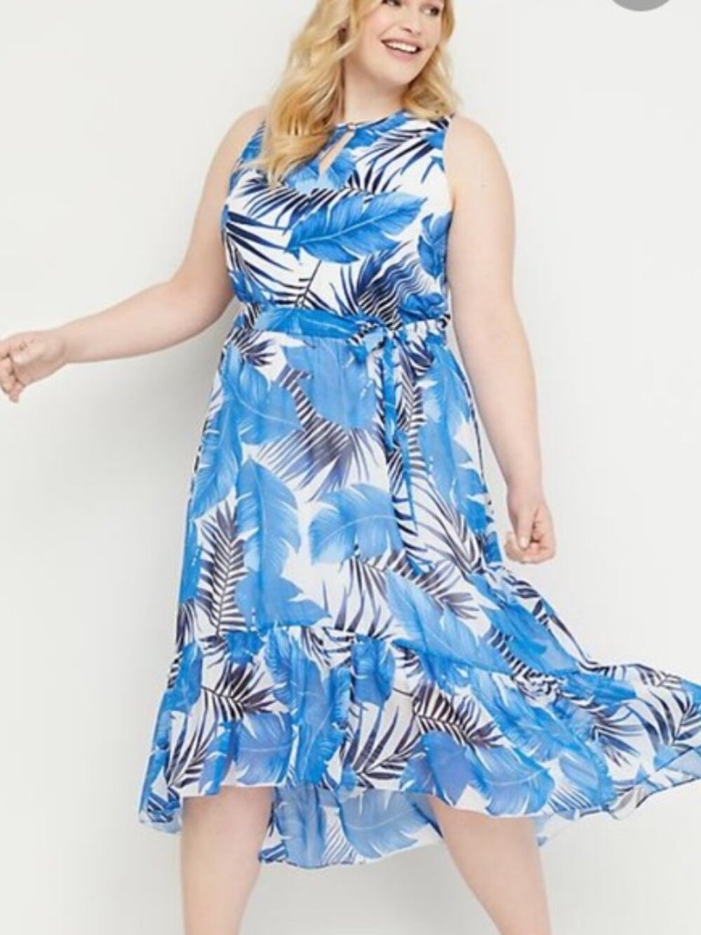 Lane Bryant Blue Tropical Palm Print Maxi Dress Sz 18 Sleeveless High Low Plus